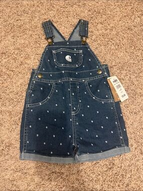 Carhartt Girls' Denim Short Overalls in Navy with White Micro Dots